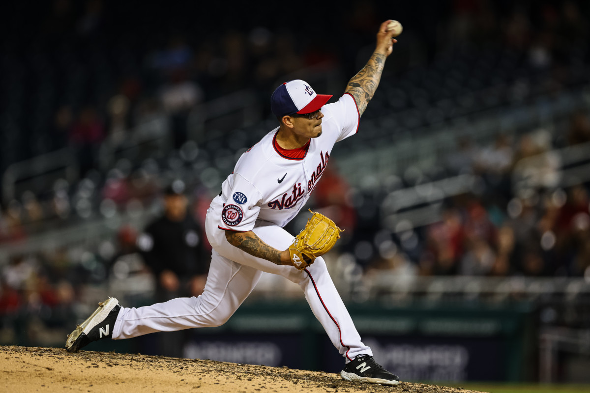 Apr 3, 2023; Washington, District of Columbia, USA; Washington Nationals relief pitcher Anthony Banda (50) delivers a pitch against the Tampa Bay Rays during the ninth inning at Nationals Park.